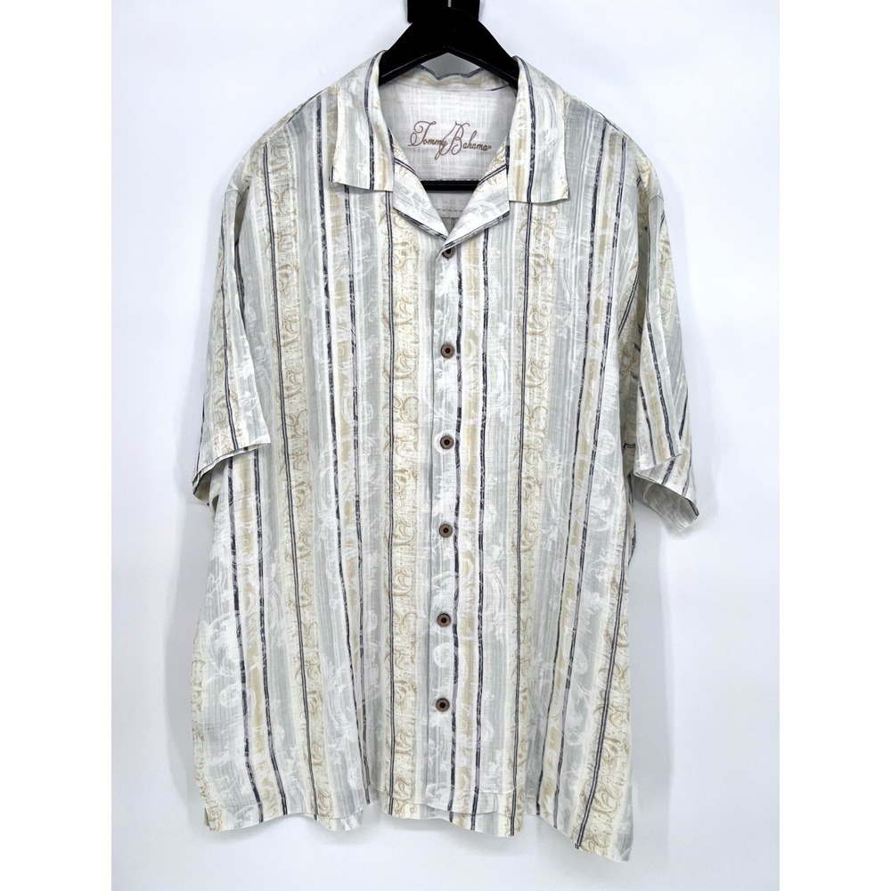 Tommy Bahama Short Sleeve Button Up Shirt‎ Mens XL 100% Linen Striped Beach Fish